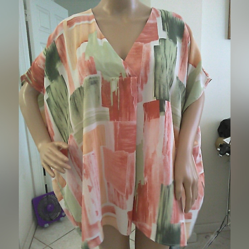 Entro Multicolor Abstract V-Neck Tunic SZ. 1X Beautiful Fall Colors FLOWY/ Light